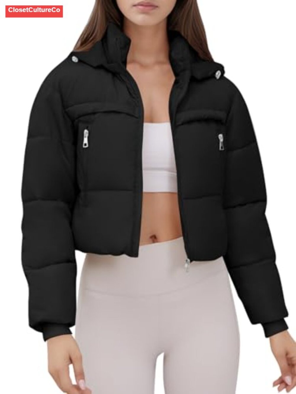 Women's Cropped Puffer Jacket Hooded Warm Padded Winter Coat with Pockets